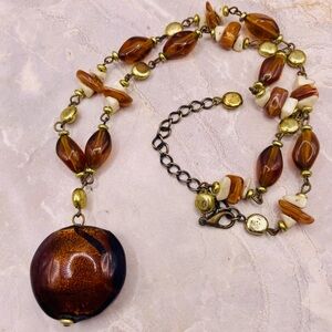 Gold tone Brown Amber Color Glass and Chip Bead Necklace. 18 inches, 3 inch ext